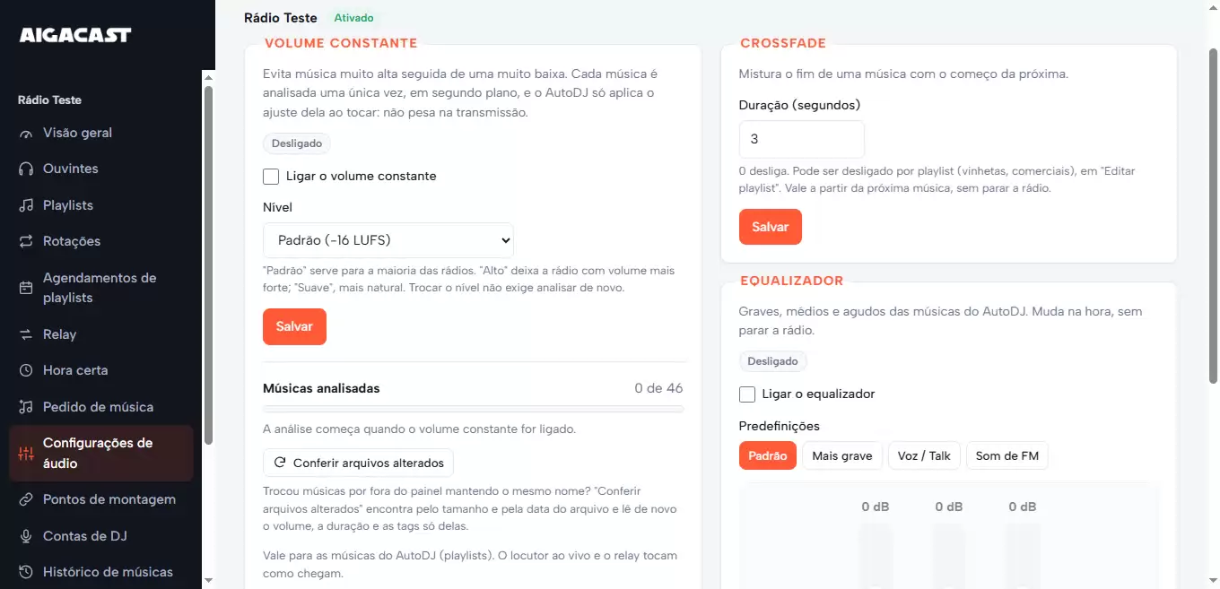 Configurações de áudio